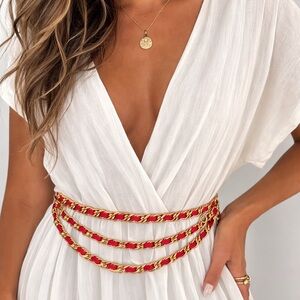 White Dress with Red and Gold Chain Belt